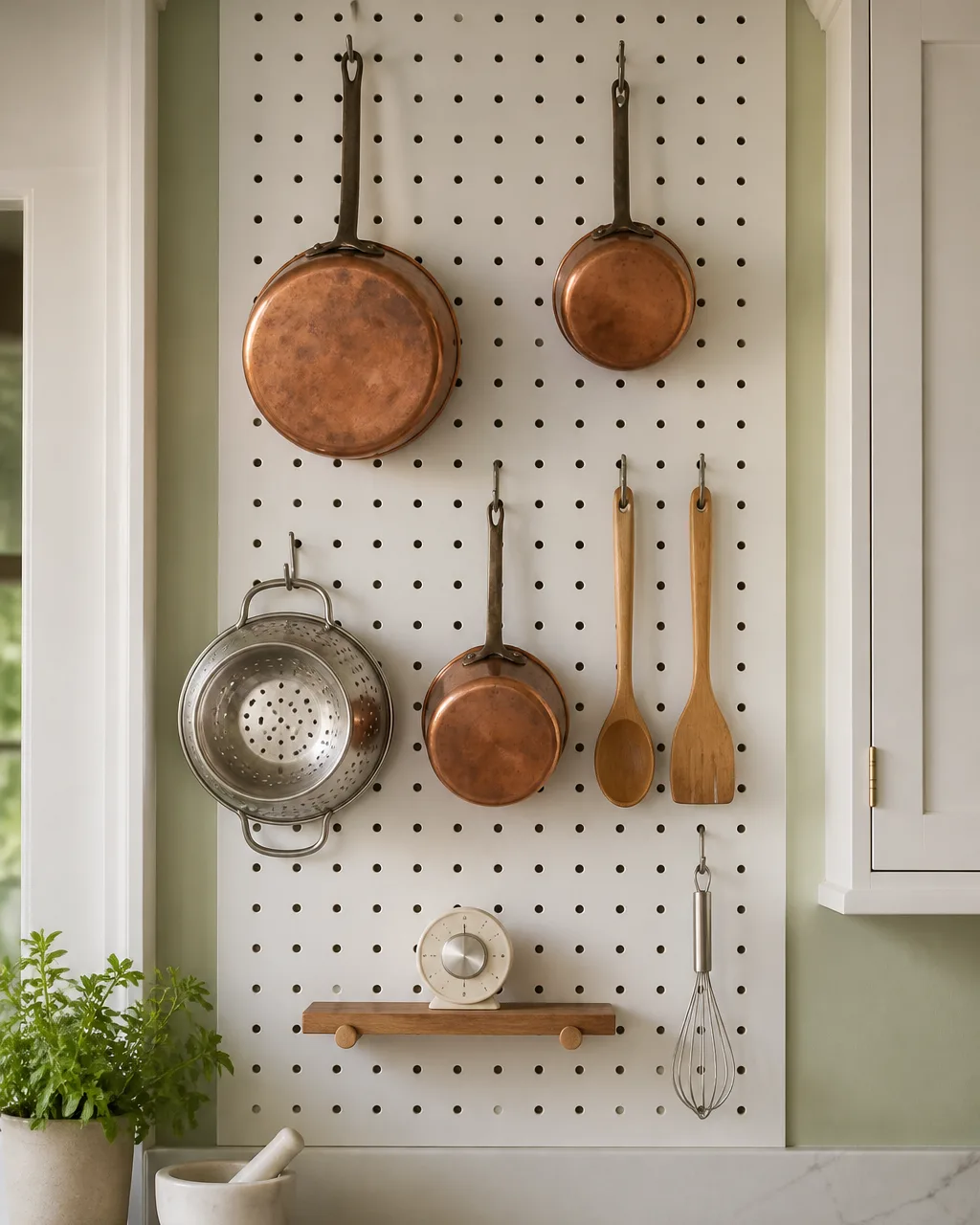 A white-painted pegboard panel mounted on a kitchen wall between upper cabinets, with copper pots, a colander, wooden spoons, and a whisk hanging from metal hooks, and a small shelf holding a kitchen timer
