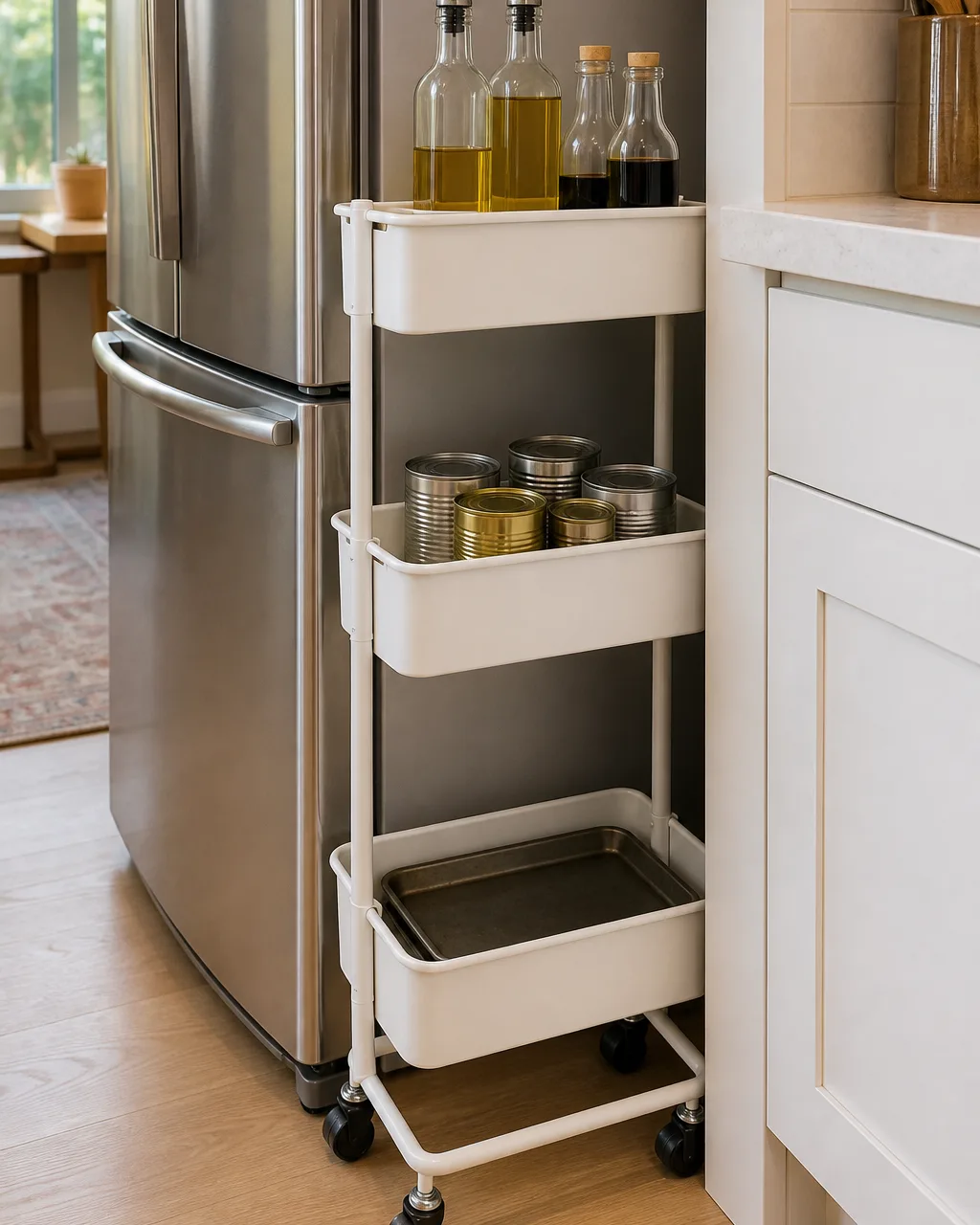 A narrow white three-tier rolling cart pulled halfway out of a tight gap between a stainless steel fridge and a white kitchen counter, with olive oil bottles on top, canned goods in the middle, and a baking sheet on the bottom
