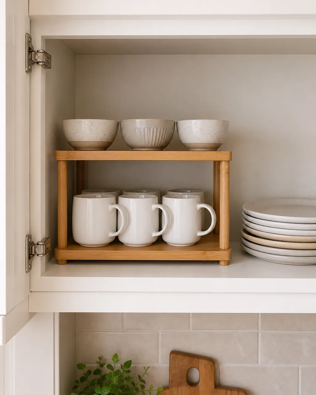 Interior of an open upper kitchen cabinet with a bamboo stackable shelf riser creating two tiers, white ceramic mugs on the lower tier and small bowls on the upper tier, with plates stacked normally beside it for contrast