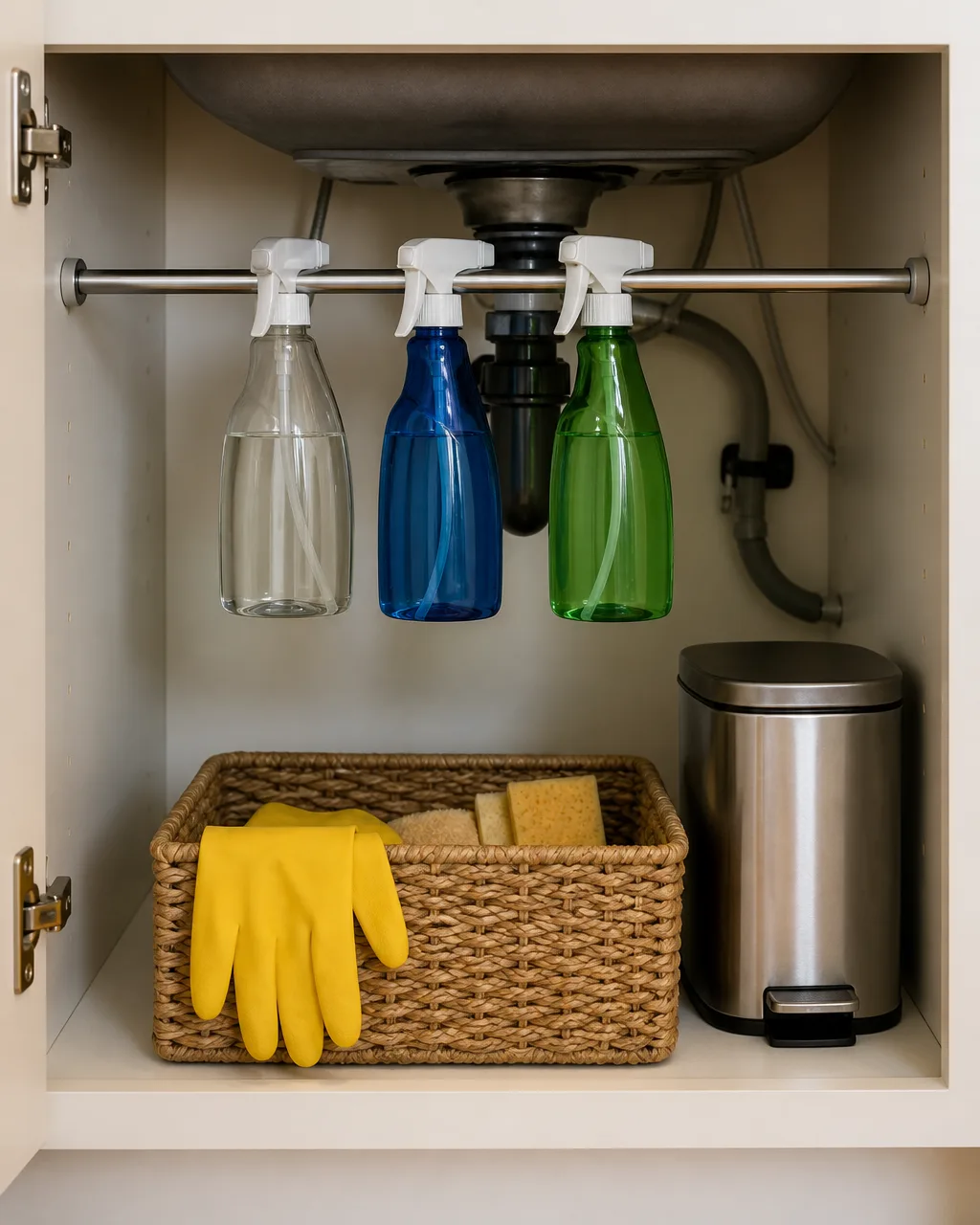 Interior of an open under-sink cabinet with a silver tension rod near the top holding three spray bottles by their triggers, and a woven basket with gloves and sponges on the shelf below