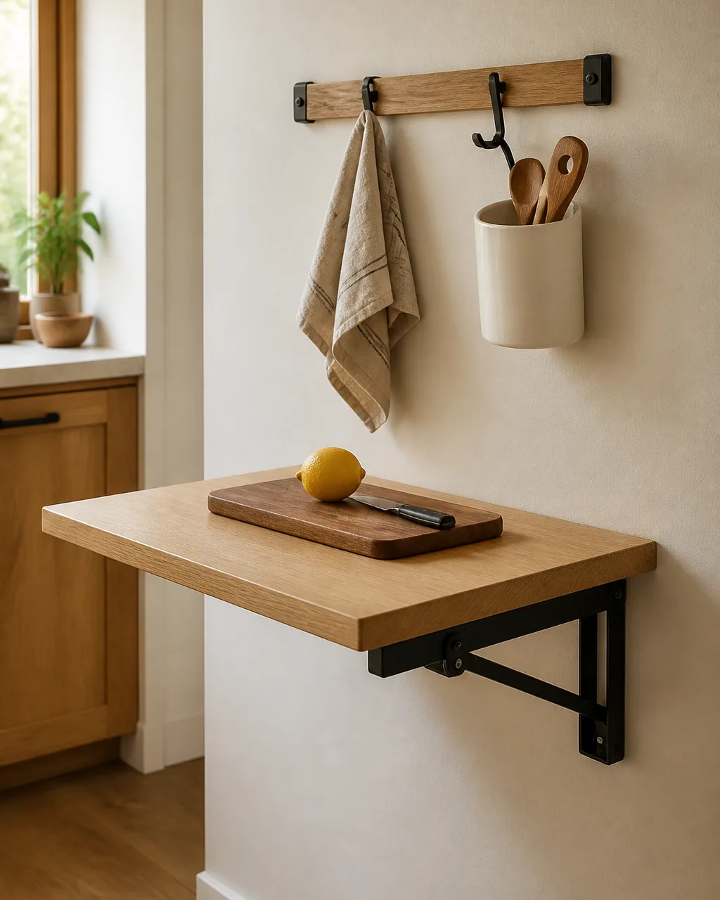 A light oak wall-mounted folding table in the half-open position in a small kitchen, propped by a metal bracket, with a wooden cutting board, lemon, and knife on the surface, and a small wall-mounted rail with hooks above