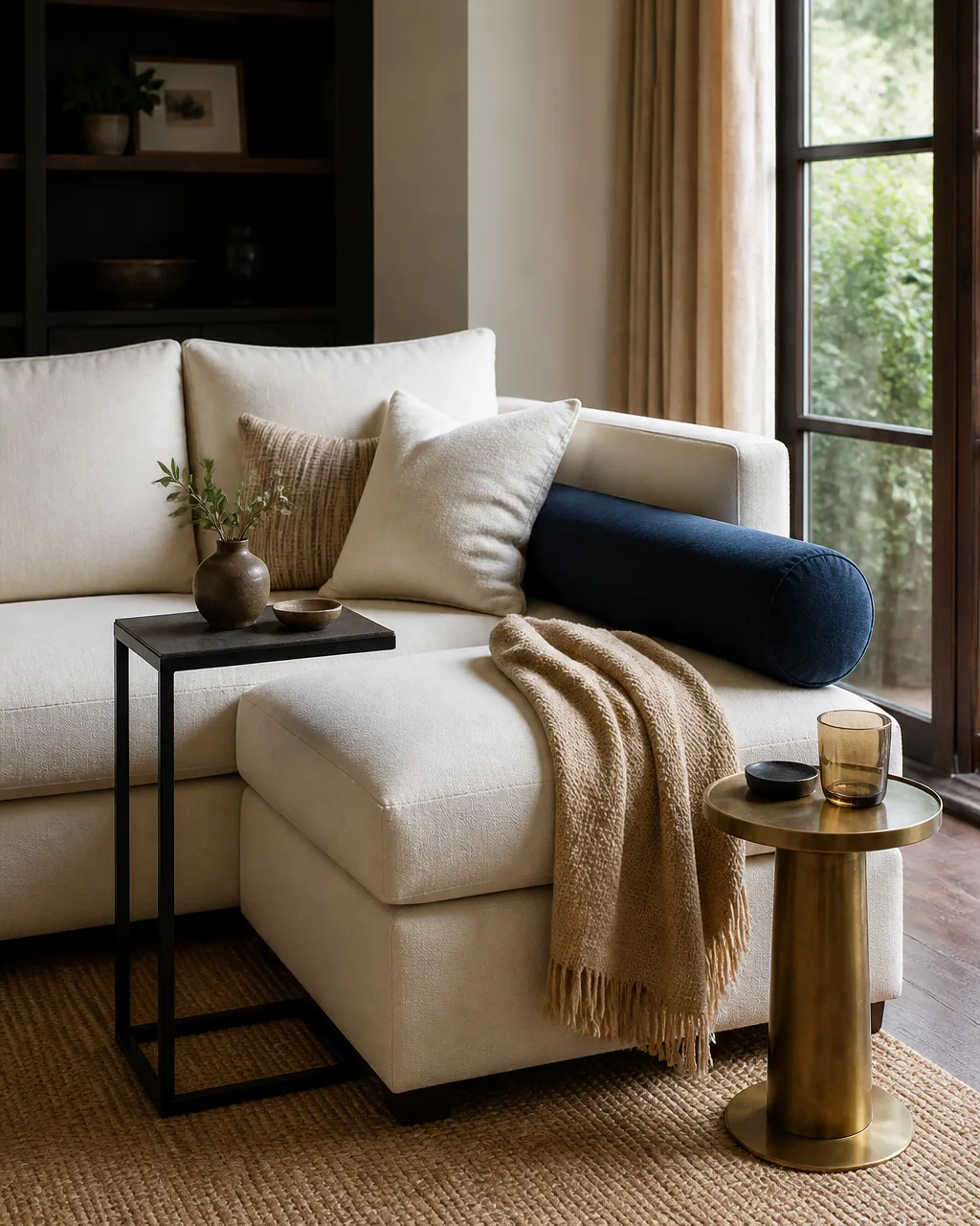A small living room with a cream modular sectional where one end has no arm, a round brass side table at the armless end, a navy bolster pillow for back support, a woven throw draped over the edge, and a C-table sliding under the seat