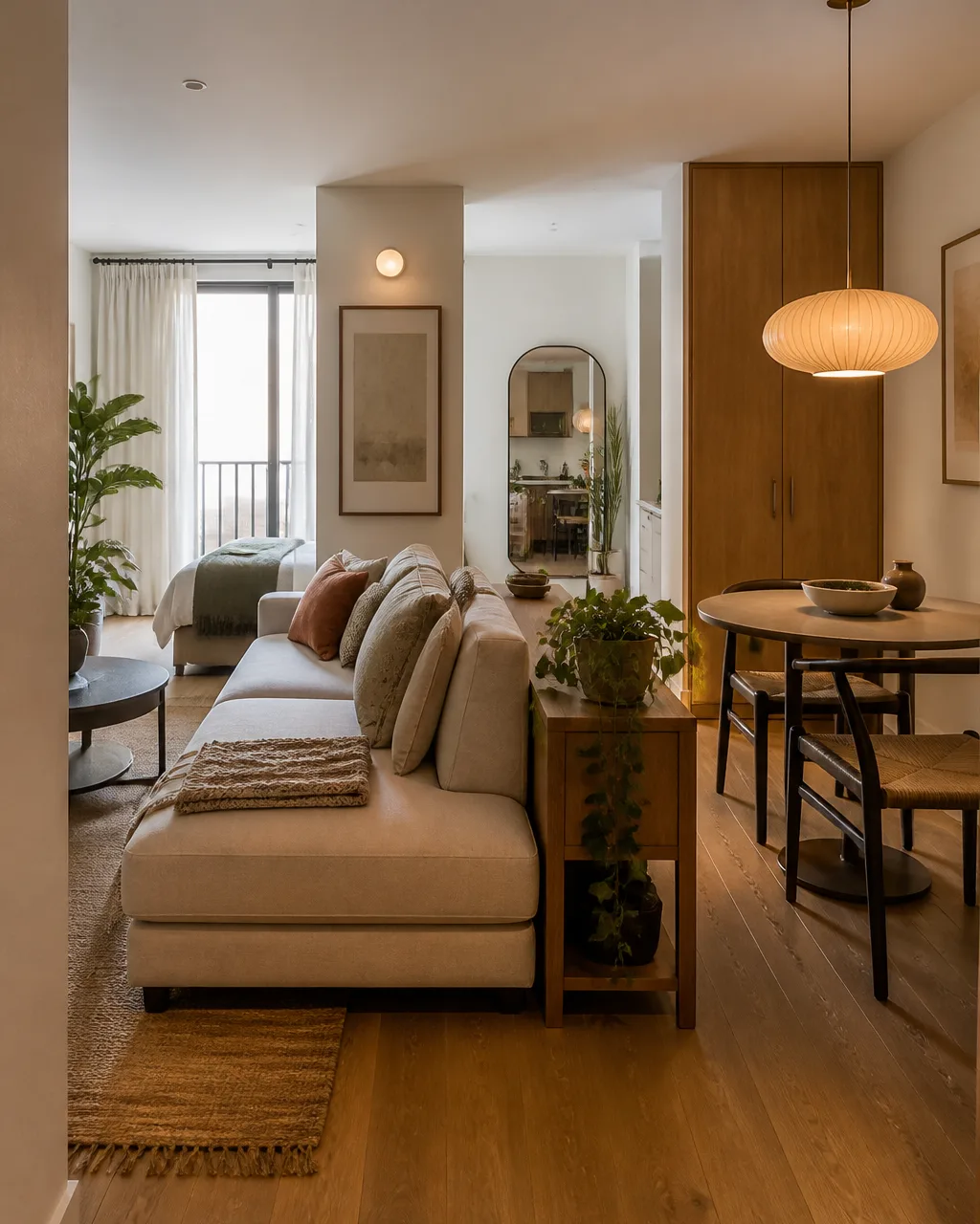 An open-plan studio with an L-shaped sectional and its chaise end creating a natural boundary between the living zone and a small round dining table with two chairs behind it, a low wooden console with a trailing plant behind the chaise back, warm pendant light above the dining area