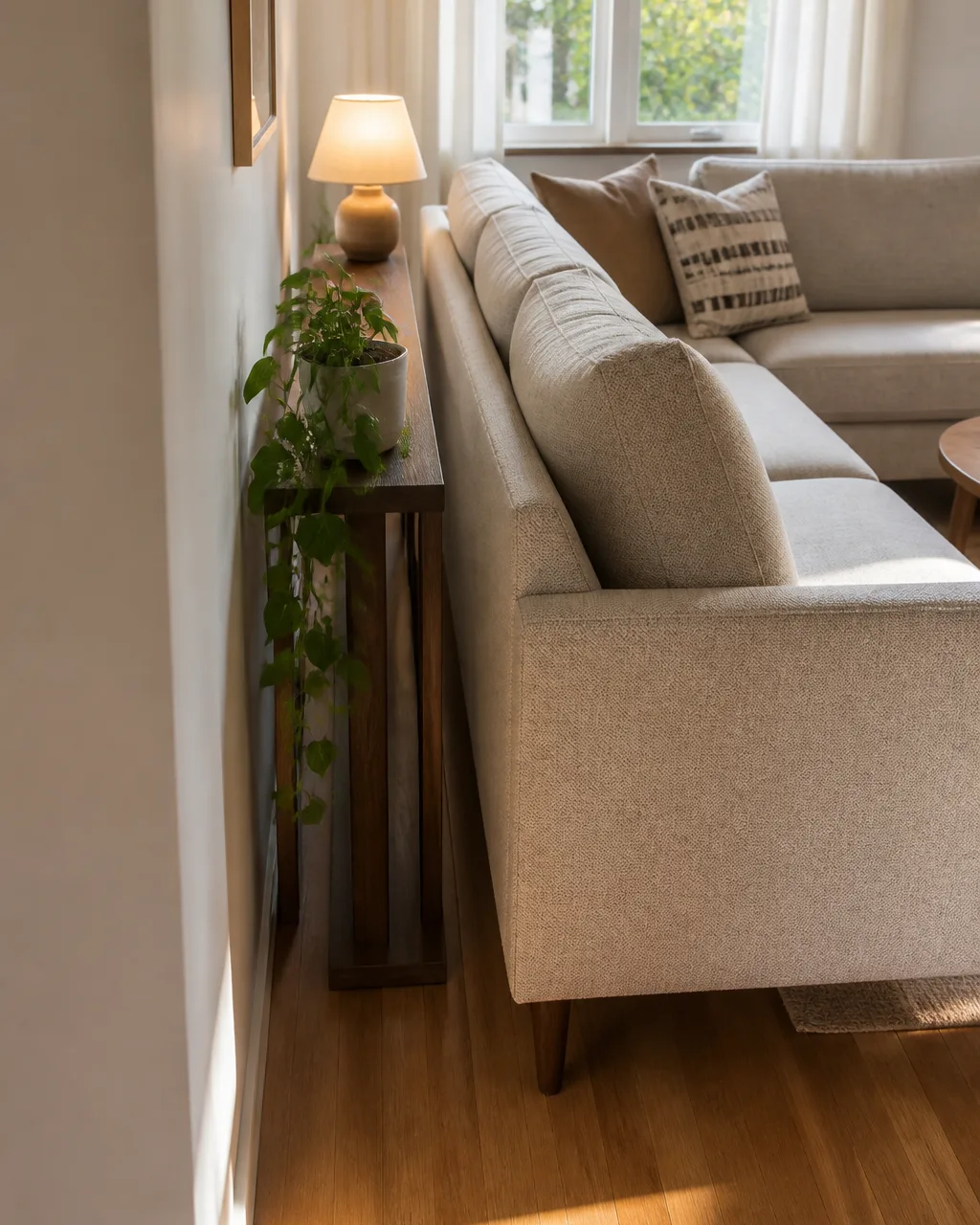 A bright small living room showing an oatmeal sectional pulled six inches away from the wall with a narrow walnut console shelf in the gap behind it holding a ceramic lamp and a trailing pothos plant on light hardwood flooring