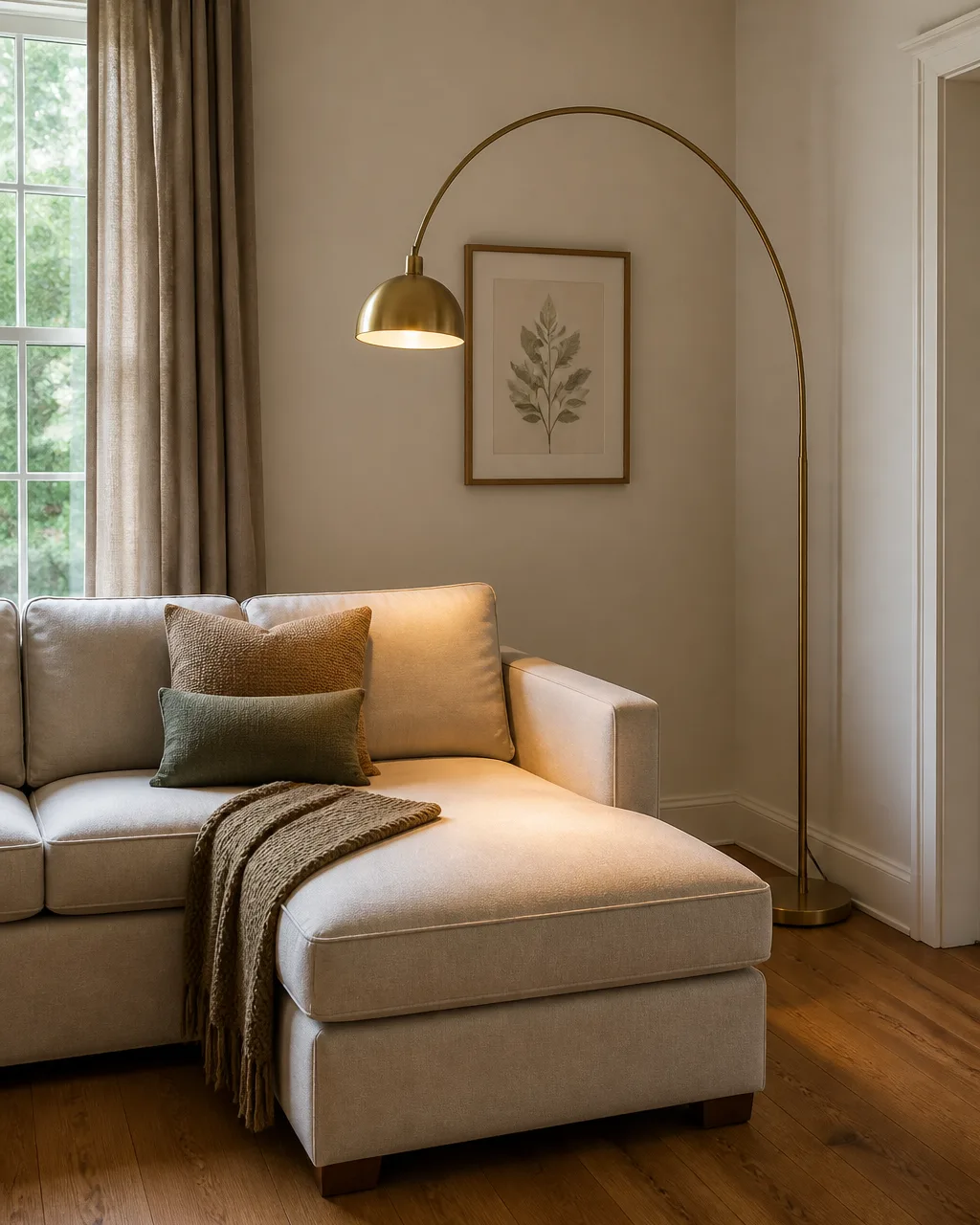 A small living room corner where a slim brass arc floor lamp curves over the chaise end of a sectional, warm light pooling on the seat cushion, no side table present, a small framed botanical print on the wall behind, and the floor area clear with the lamp base against the baseboard