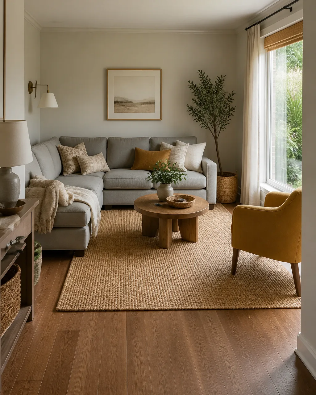 A compact living room with a dove-grey L-shaped sectional tucked against two walls with the shorter arm ending before a tall window, an open walkway at one end, and a mustard linen accent chair in the open corner with a jute rug underfoot
