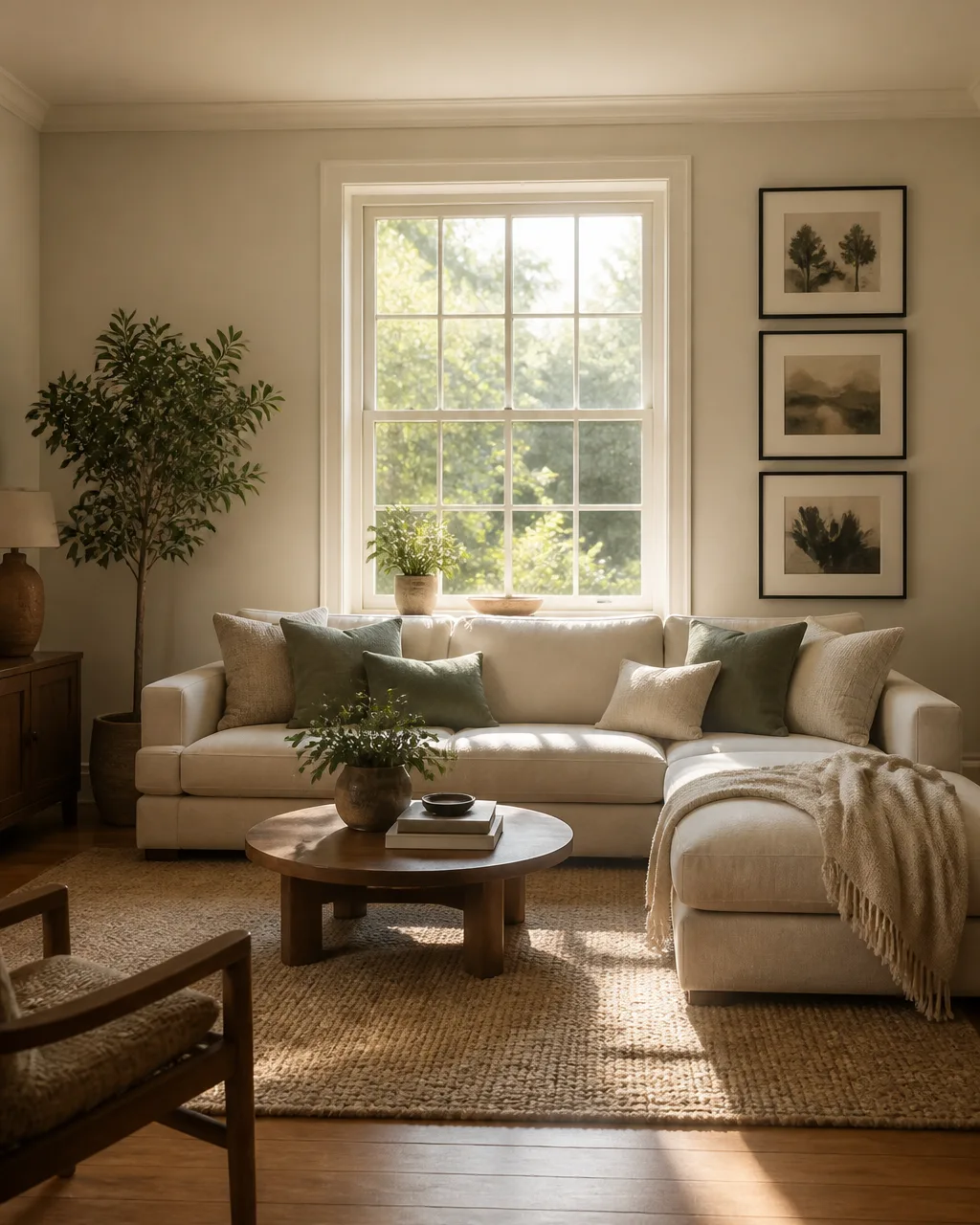A wide view of a small living room with a low-back linen sectional in pale oatmeal, the seat back sitting below the windowsill behind it, afternoon light streaming over the top of the sofa, three framed prints in thin black frames on the wall above, and textured throw pillows in sage and cream