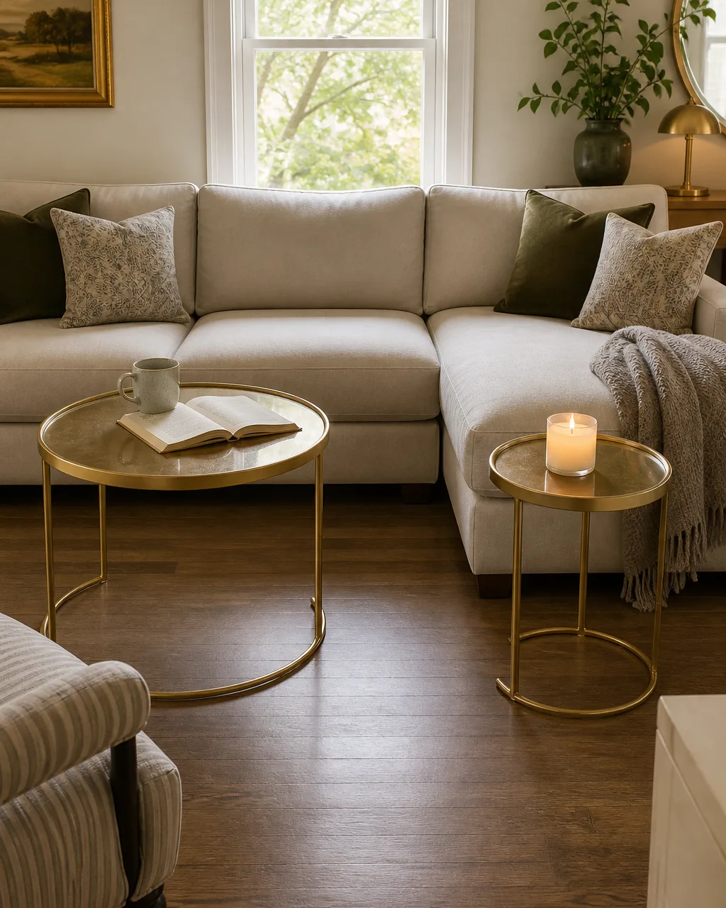 A small living room with two round brass nesting tables fanned out in front of an L-shaped sectional, one holding a ceramic mug and a book, the smaller one beside the chaise with a candle, and clear walking space between the tables and the sofa