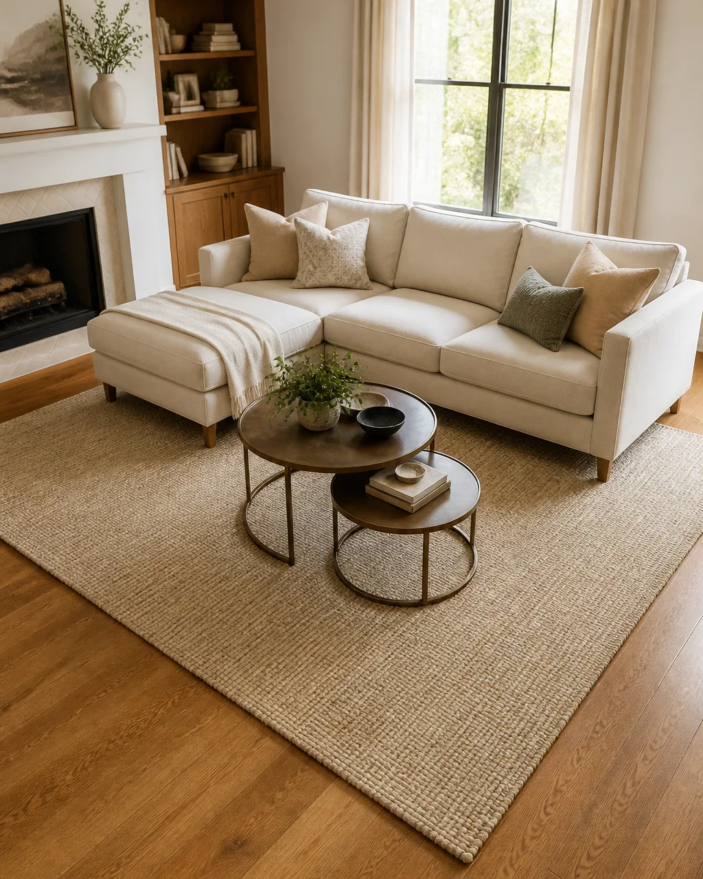An elevated three-quarter view of a small living room with a light sectional on a flat-weave rug that extends past the front legs on all sides, nesting tables on the rug surface, and warm wood floor visible at the rug perimeter