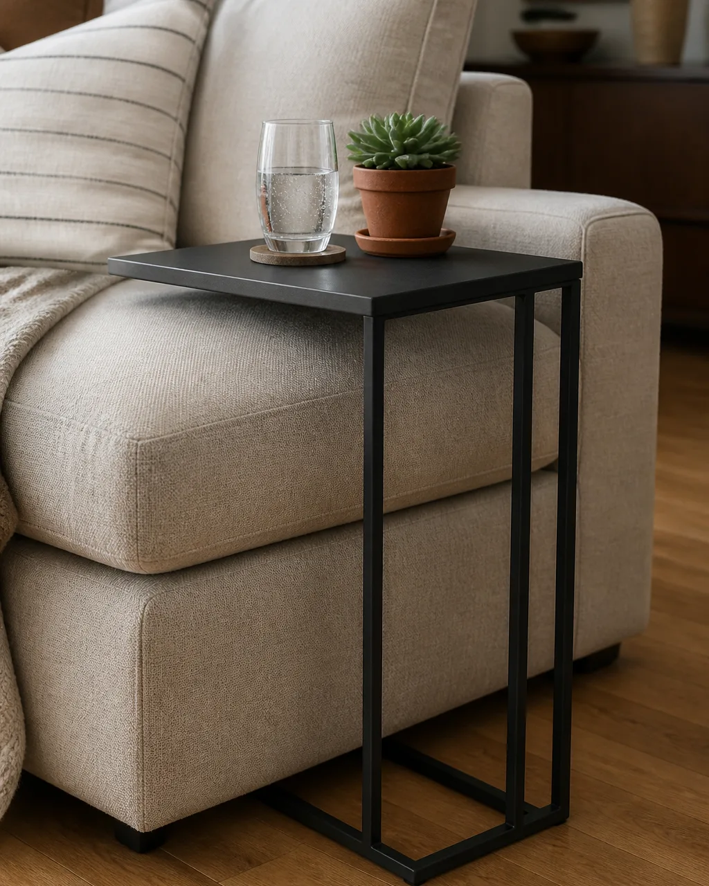 Close view of a sectional arm with a black metal C-table sliding partly underneath it, the table surface holding a glass of water and a small succulent in a terracotta pot, the open frame showing the floor through its legs, neutral linen fabric contrasting the dark metal
