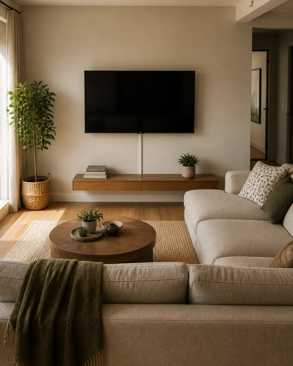 A small living room with an L-shaped sectional where a wall-mounted flat-screen TV faces the shorter arm of the L, a slim white cord channel on the wall below the screen, and a low floating media shelf with books and a small plant beneath the TV