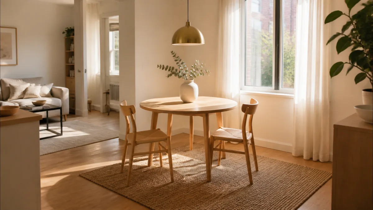 A small bright dining nook with a round light-oak table, two slim wood chairs, a low matte-brass pendant light, and a flat-weave jute rug near a window with morning sunlight