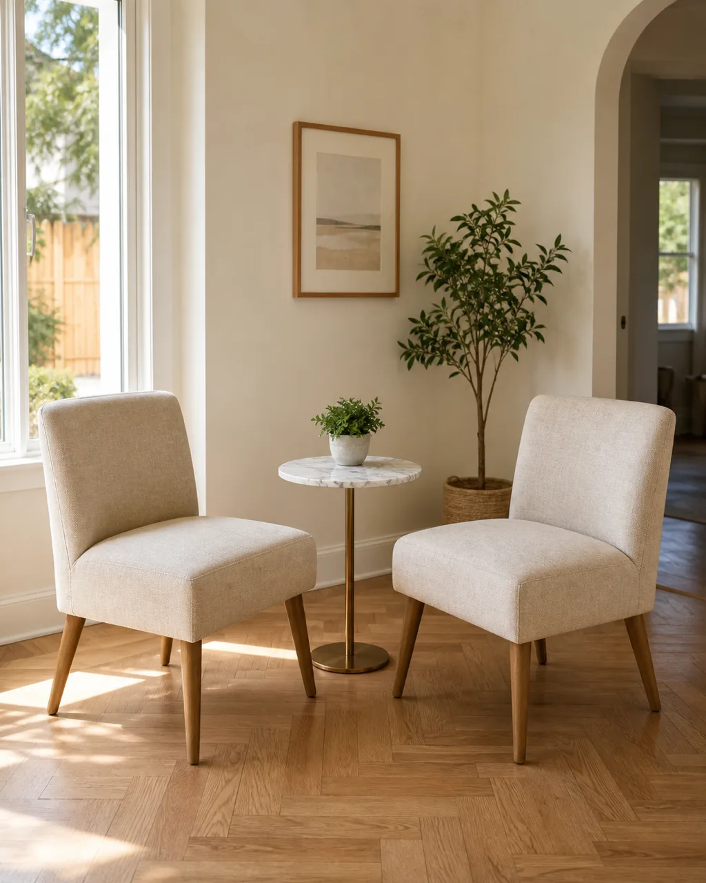 Two armless accent chairs with exposed tapered wooden legs facing each other across a narrow round marble-top side table in a small sunlit living room with cream walls and herringbone oak floor