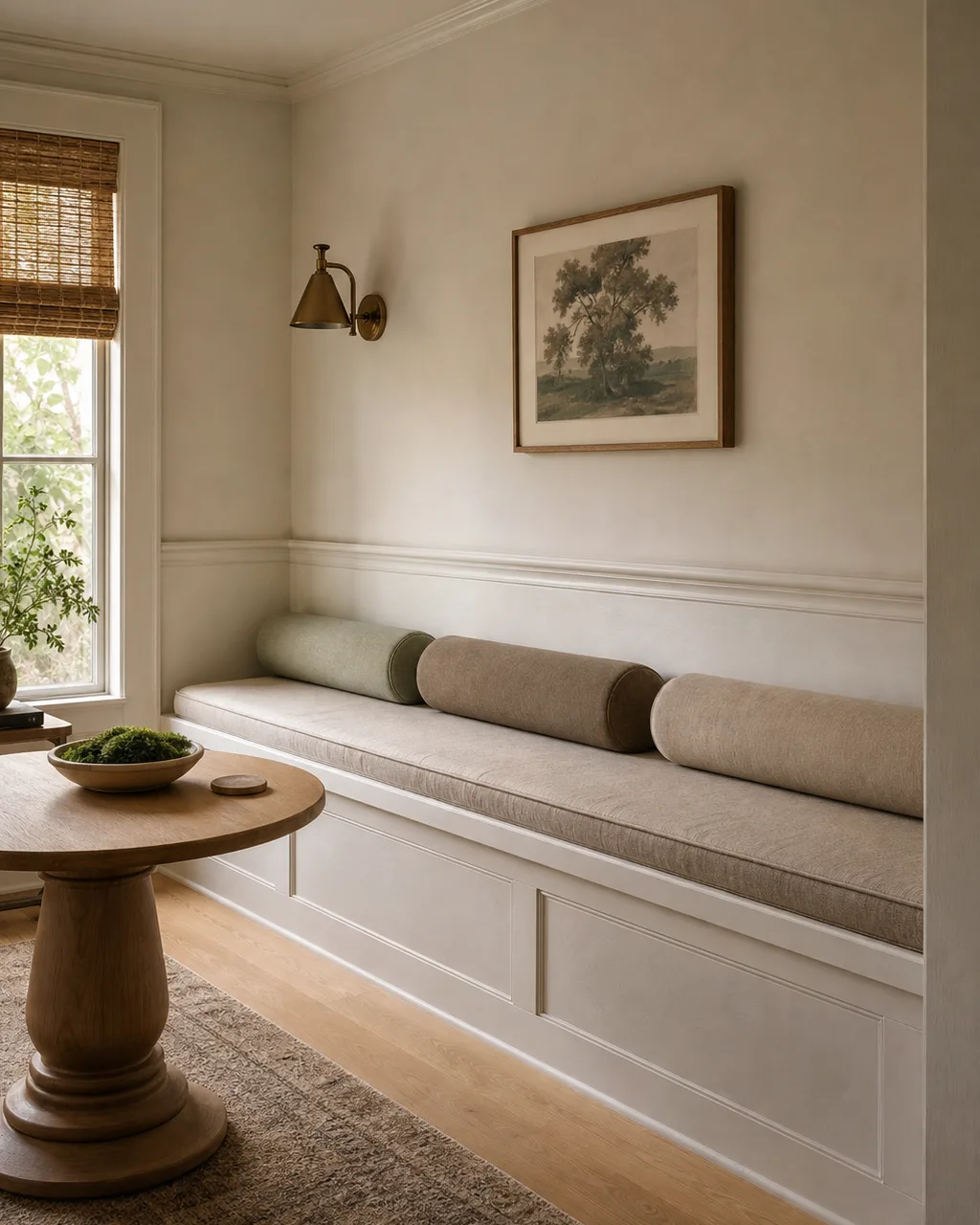 A long built-in banquette along a living room wall with a thin linen cushion and three bolster pillows in muted natural tones with a small round wooden pedestal table in front and a brass wall sconce above