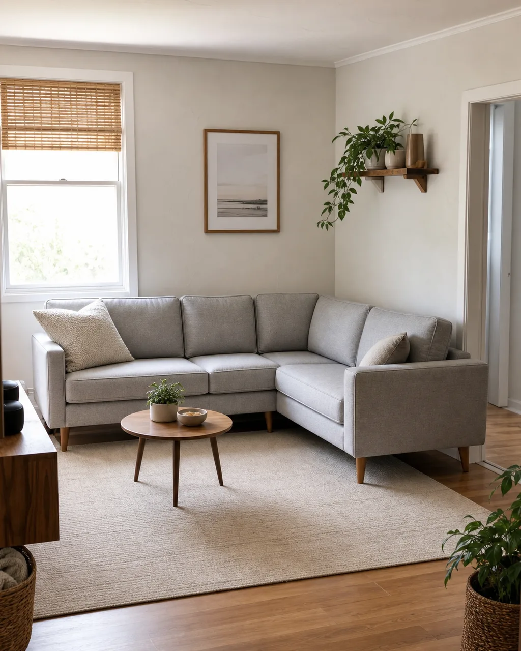 A compact L-shaped sectional sofa in light gray fabric with tapered wooden legs fitting into a corner of a small living room with a round mid-century coffee table and an open center area