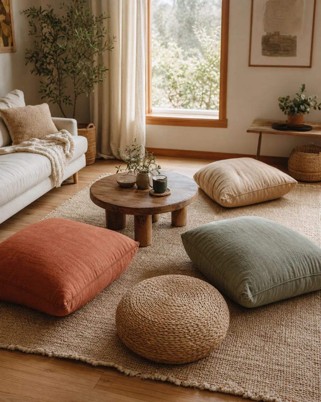 Three oversized floor cushions in terracotta, sand, and sage alongside a round woven jute pouf arranged around a low wooden coffee table in a cozy small living room with warm natural light