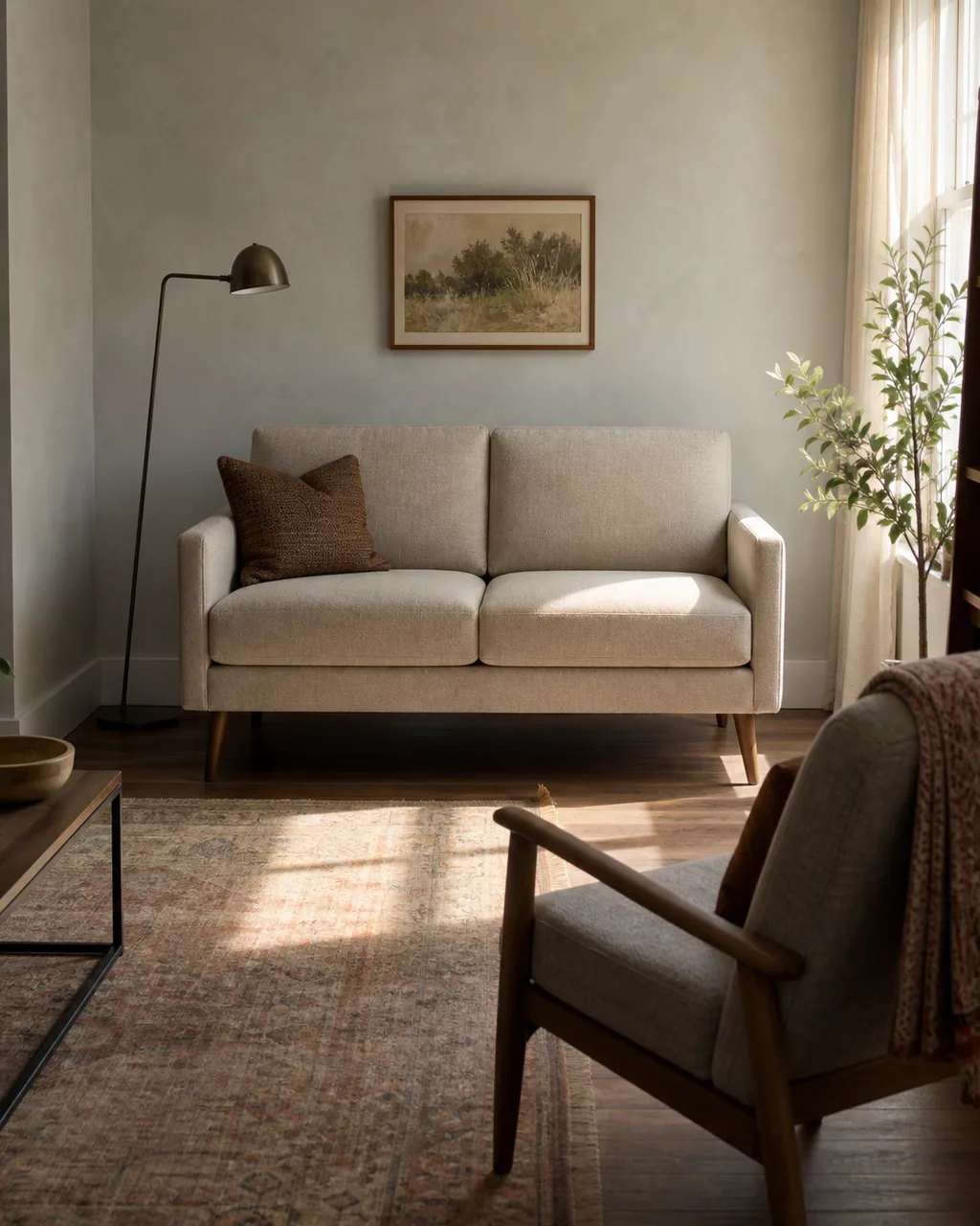 A compact loveseat with slim track arms and raised tapered legs in warm beige fabric against a light gray wall in a small living room with a floor lamp and an accent chair across the room