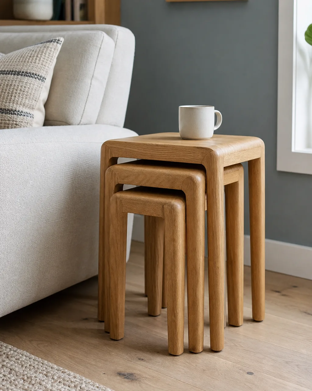 A set of three nesting wooden stools of graduated heights with rounded edges beside a sofa in a small living room with a ceramic cup sitting on the tallest stool as a side table