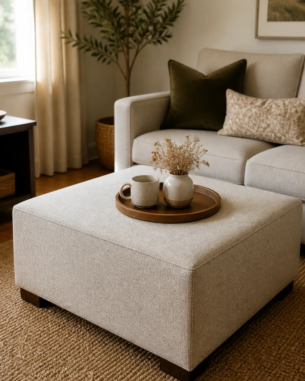 A large square ottoman with a firm flat top upholstered in oatmeal boucle fabric serving as a coffee table in a small living room with a round wooden tray holding a mug and vase on top