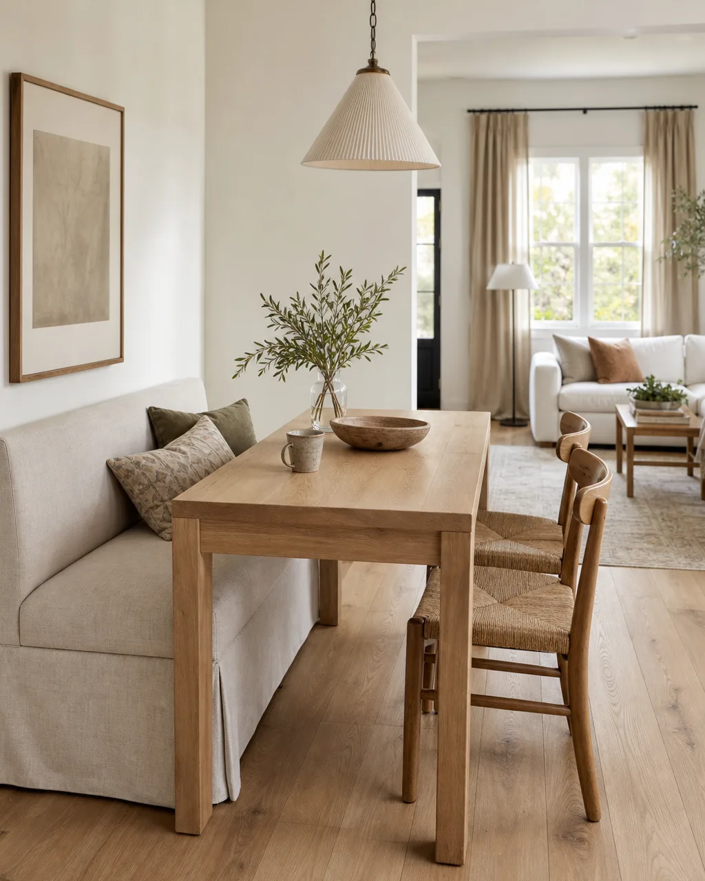 An upholstered linen bench pushed against a white wall on one side of a small wooden dining table with two woven rush-seat chairs on the opposite side and a pendant light above in an open-plan living room