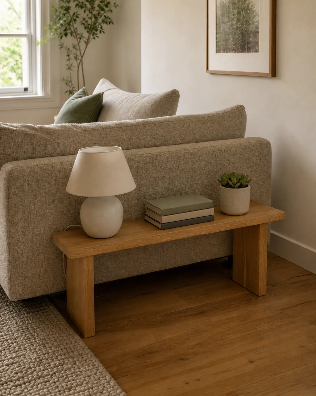 A narrow light oak wooden bench placed behind a floating sofa in a small living room with a small ceramic table lamp, stacked books, and a potted succulent on the bench surface