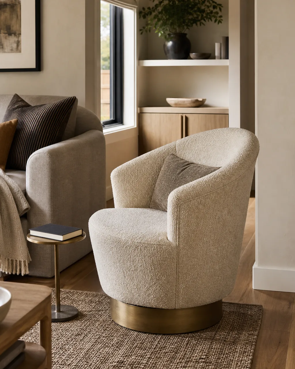 A compact swivel chair with cream boucle upholstery on a matte brass pedestal base positioned at the end of a sofa grouping in a tight living room with a small brass side table nearby