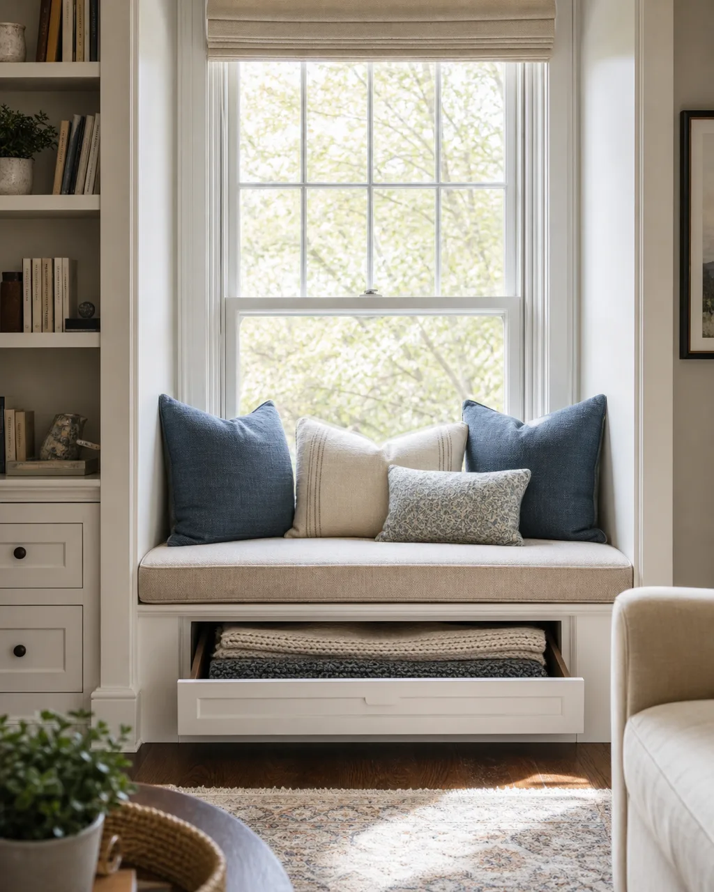 A built-in window seat with a linen cushion top and a pull-out drawer below showing folded blankets inside a living room window alcove with blue throw pillows and bookshelves on one side