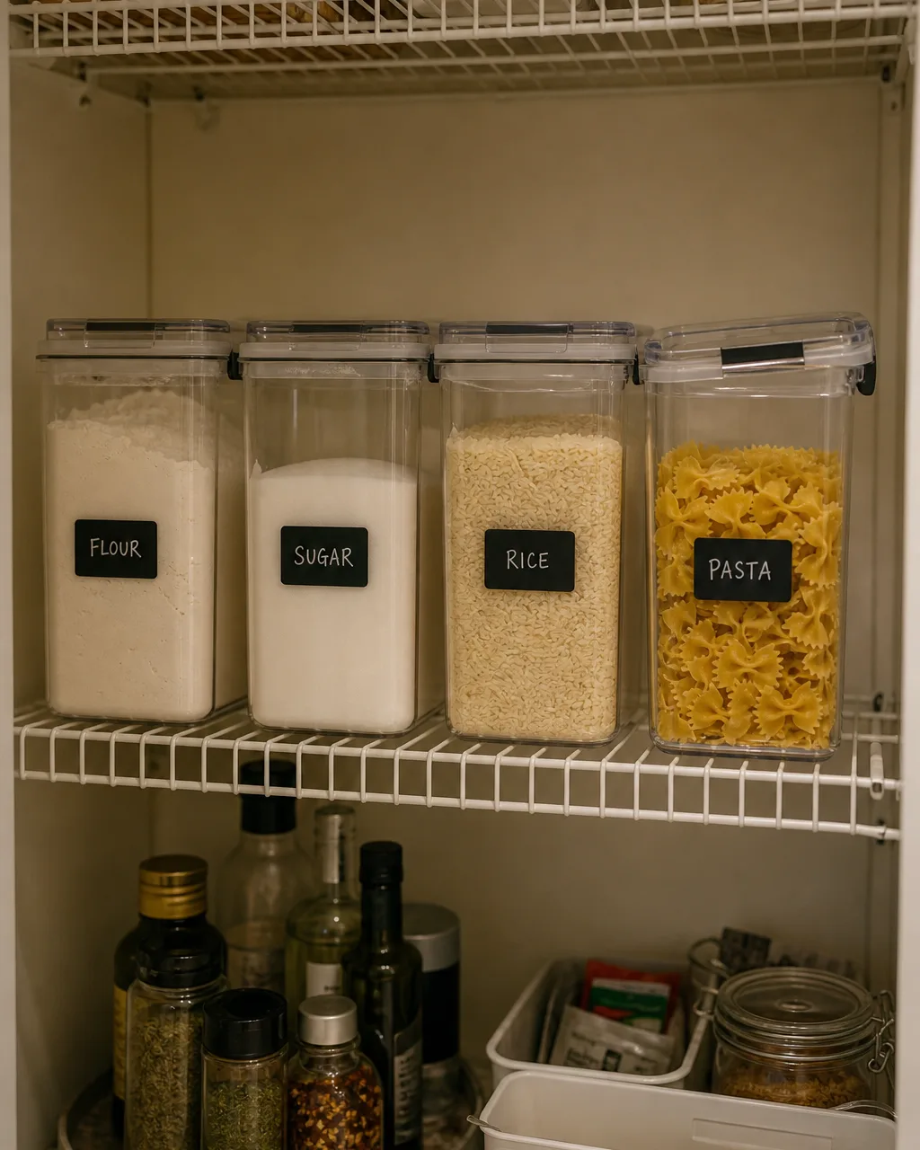 Four square clear plastic bins in a row on a white wire pantry shelf, each labeled with a small chalkboard tag reading flour, sugar, rice, and pasta, contents visible through transparent walls
