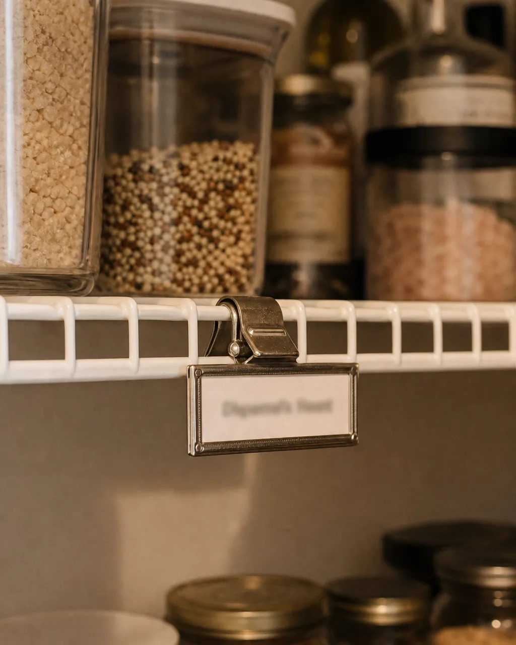 A close-up of a pantry wire shelf edge with a small metal clip-on label tag attached, items blurred on the shelf behind it, warm overhead light casting a small shadow under the tag