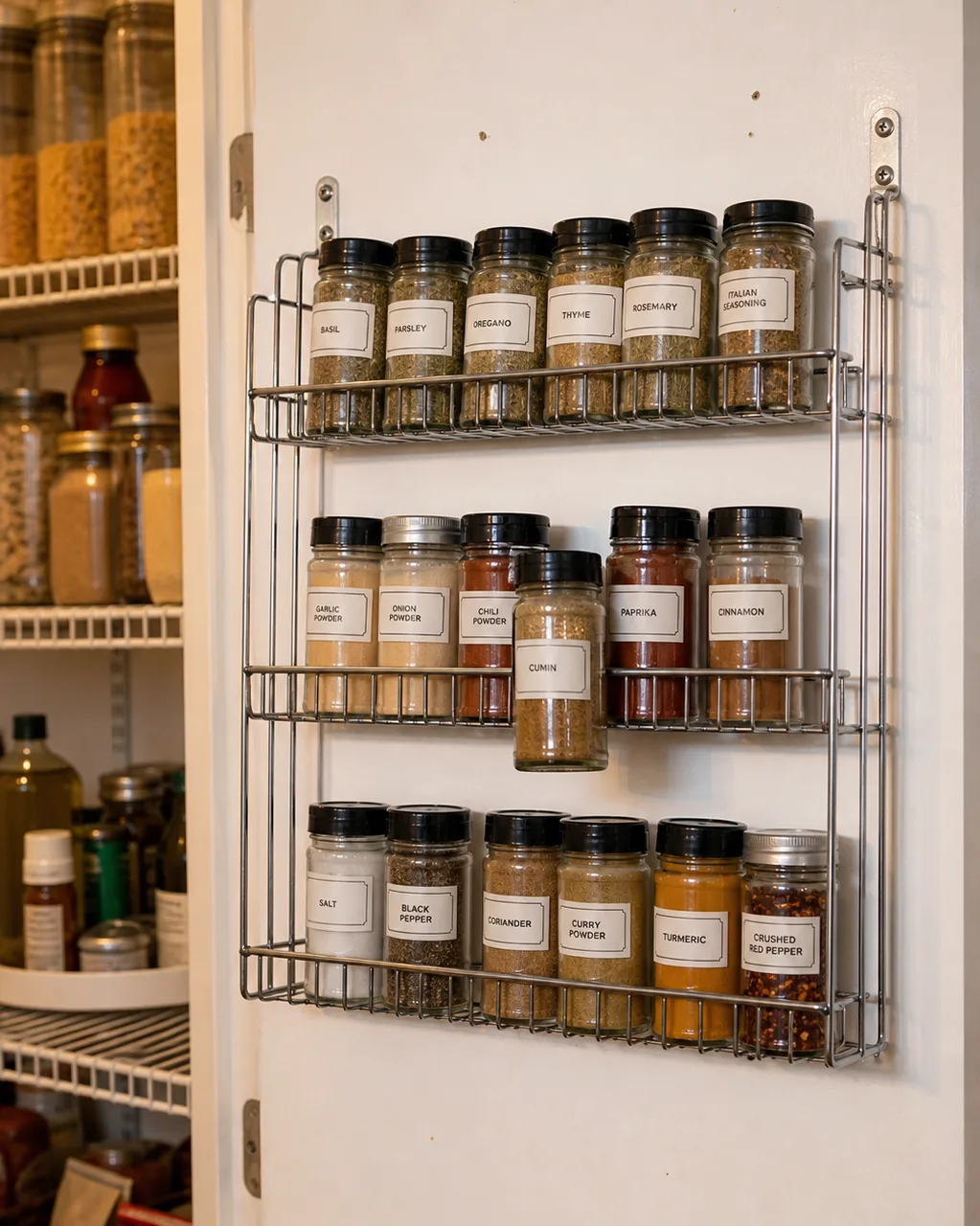 A three-tier chrome wire spice rack mounted inside a pantry door holding about eighteen spice jars with labels facing forward, with pantry shelves visible in the background