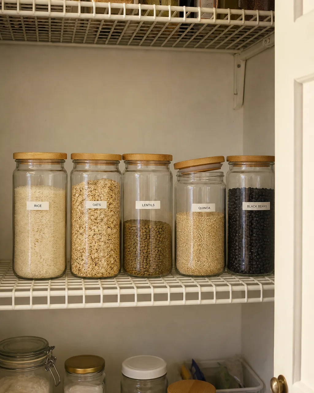 Five matching glass jars with bamboo lids on a white wire pantry shelf, each labeled and holding a different dry staple at varying fill levels, with other jars visible on the shelf below