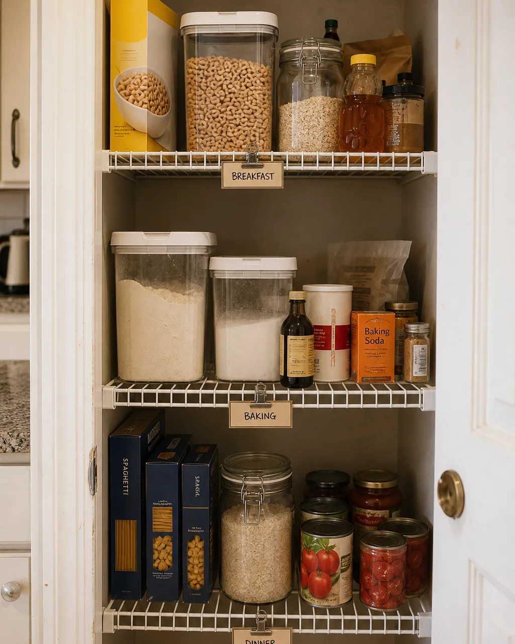 Three pantry shelves stacked vertically, each grouped by meal type with small clip-on label tags on the shelf edges, breakfast items on top, baking supplies in the middle, dinner prep staples on the bottom