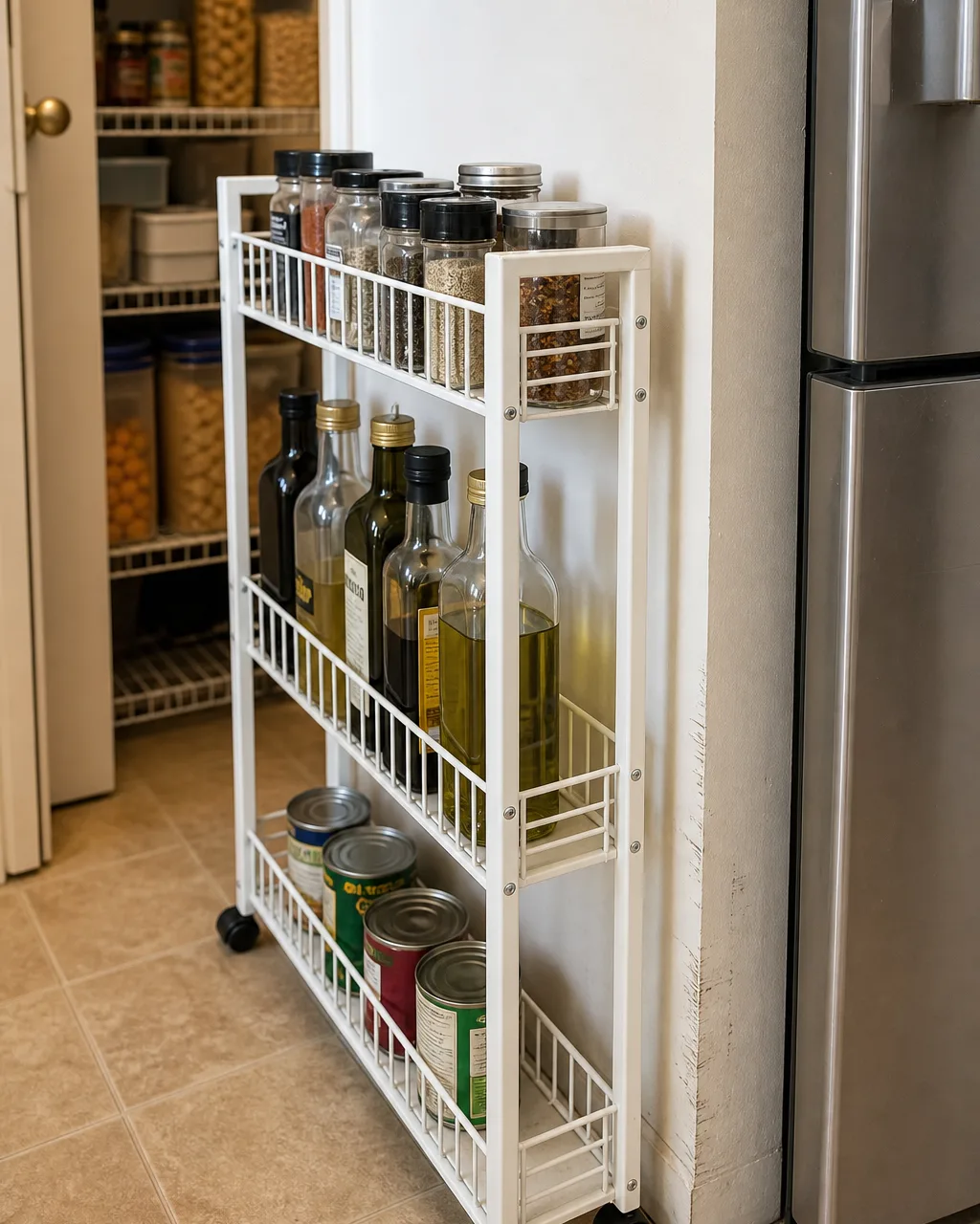 A slim white three-tier rolling cart pulled halfway out of a narrow gap next to a kitchen appliance, top tier holding spice jars, middle tier with oil bottles, bottom tier with a few cans, small caster wheels visible on the floor