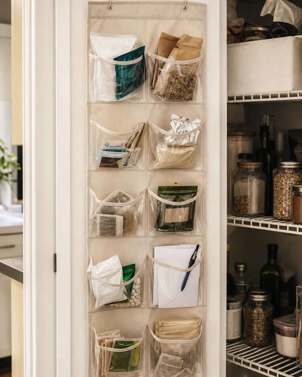 A fabric pocket organizer with clear pockets hung on the interior side wall of a pantry using adhesive hooks, pockets holding seasoning packets and small pouches, with a pen and folded grocery list in one pocket