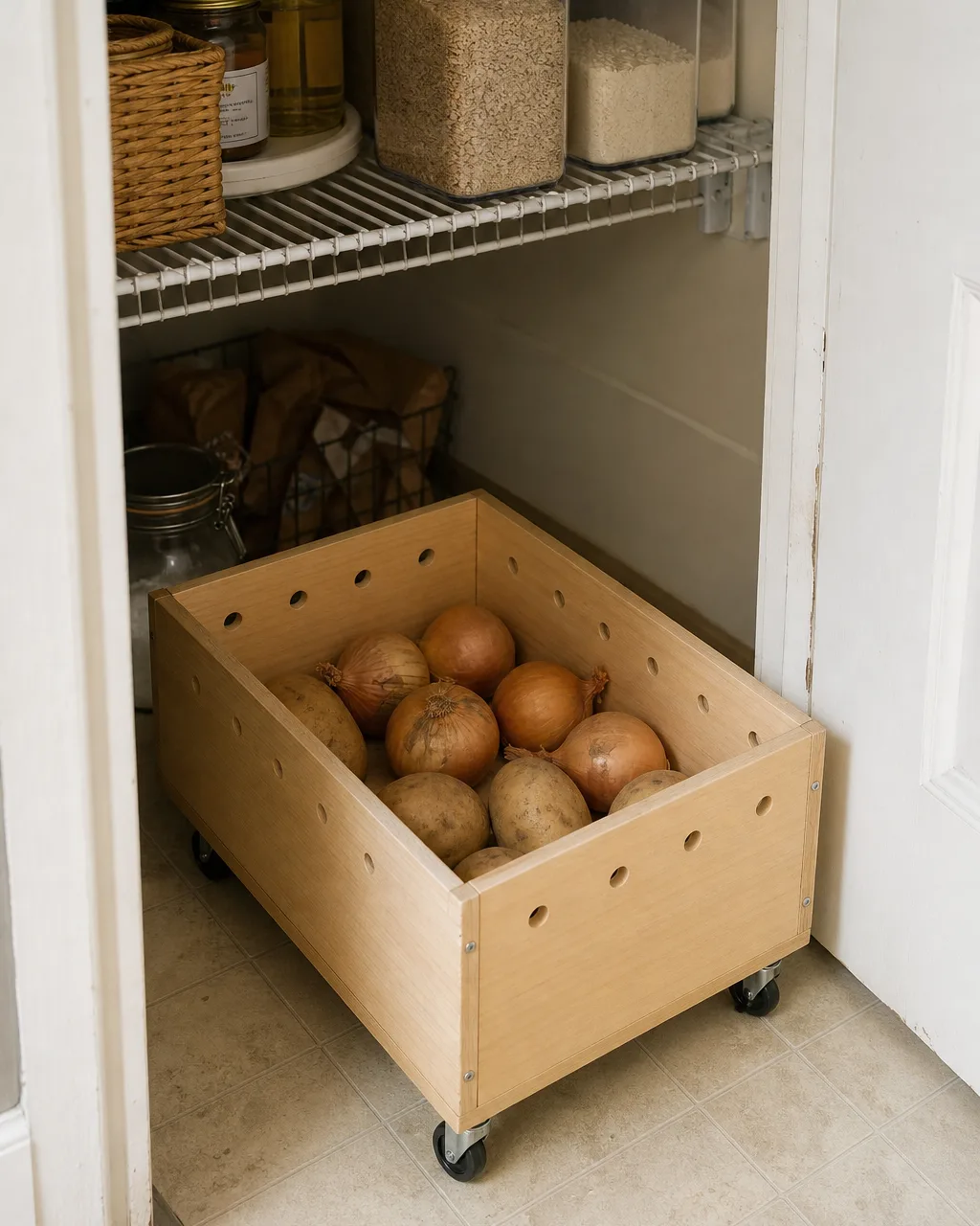 A light-wood pull-out bin on small caster wheels sitting on a pantry floor pulled halfway out, holding onions and potatoes with visible skin texture, small ventilation holes drilled in the bin sides, lowest pantry shelf visible above