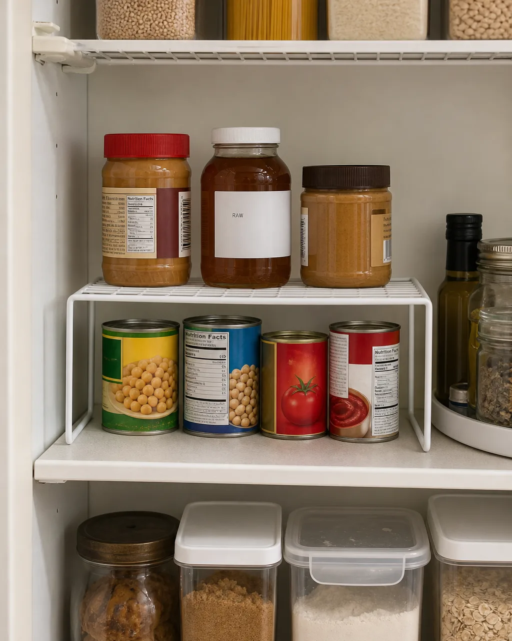 A white wire shelf riser on a pantry shelf with small cans stored underneath and taller jars sitting on top, doubling the shelf capacity in one section