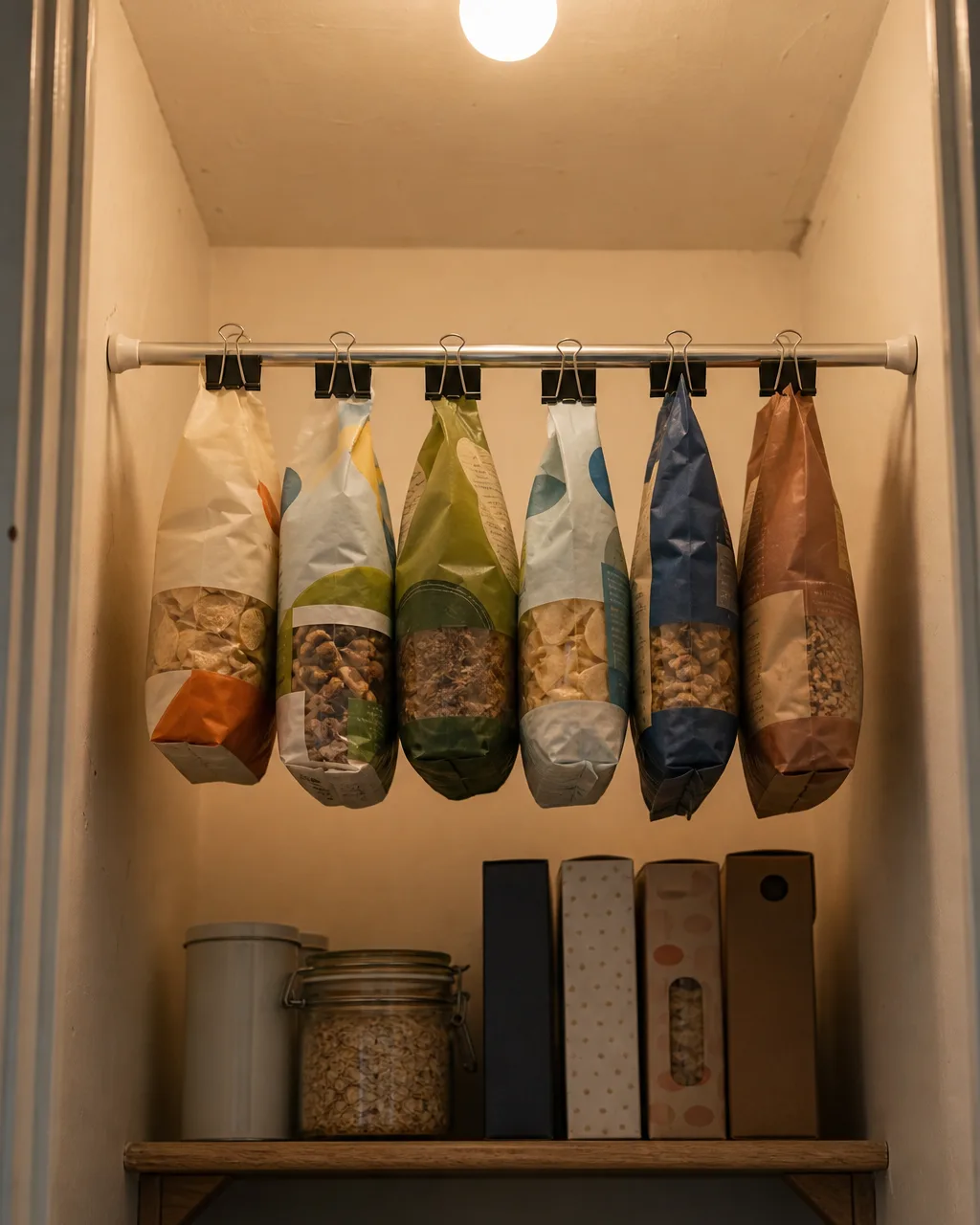 A silver tension rod stretched between two pantry side walls near the ceiling with six colorful snack bags hanging from black binder clips, a warm overhead bulb visible above