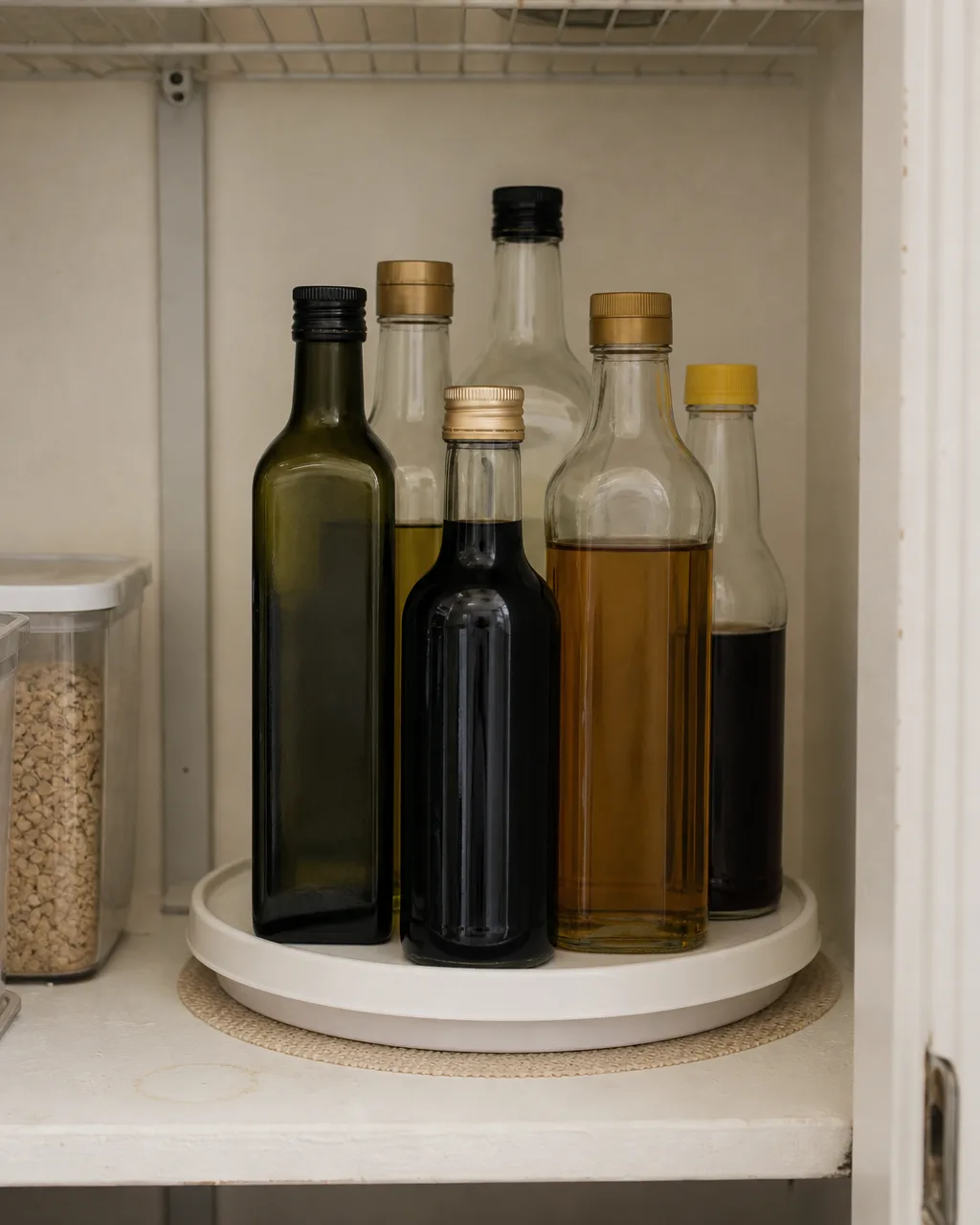 A round white turntable on a deep pantry shelf holding five bottles of oil and vinegar with different colored liquids, a faint oil ring mark visible on the shelf surface beside it