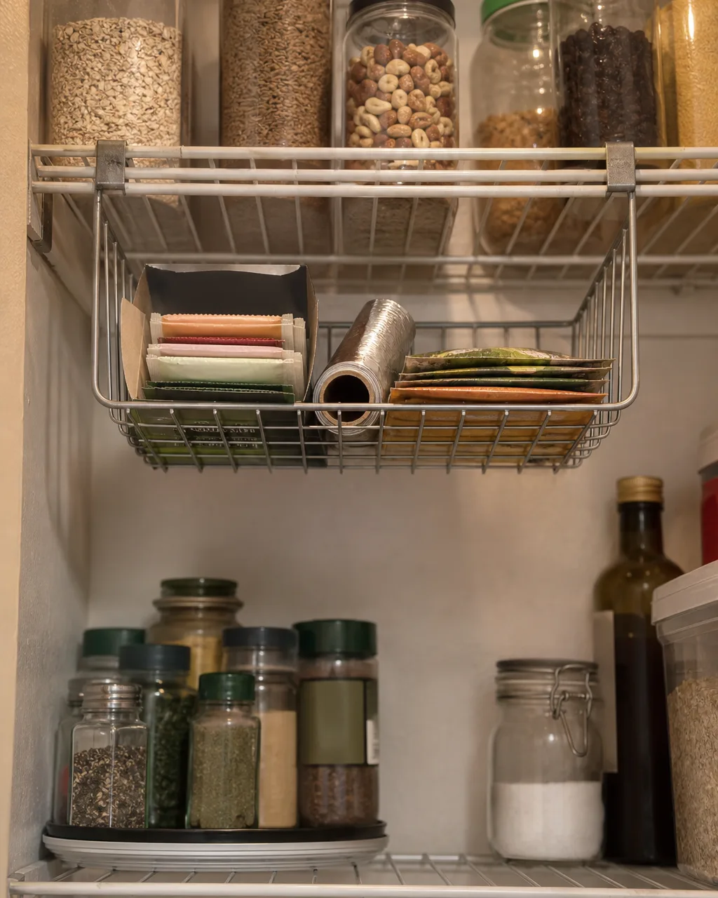A wire basket clipped underneath a pantry shelf holding a box of tea bags, a roll of aluminum foil, and several seasoning packets lying flat, with jars sitting normally on the shelf above